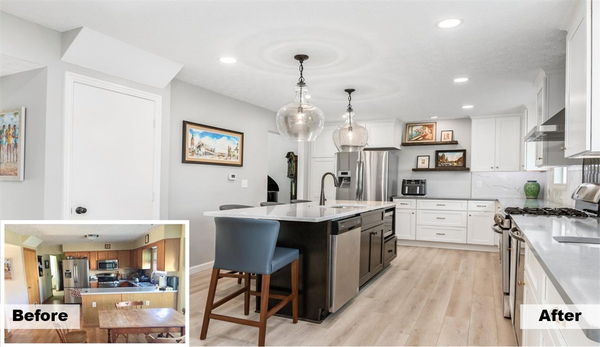 Remodeled kitchen with white cabinets and a large island, with a before photo inset